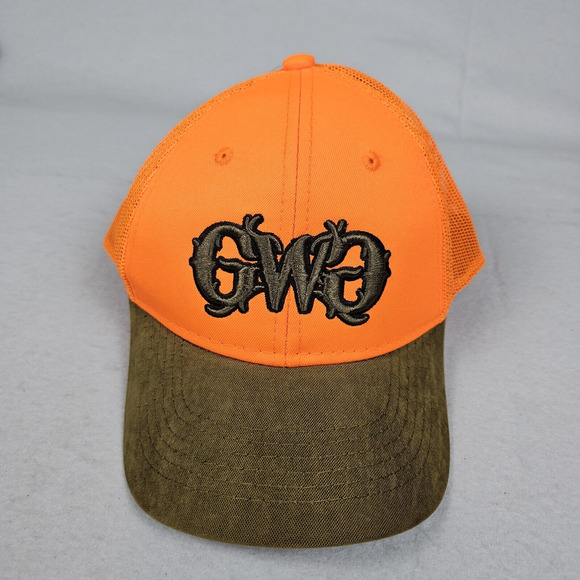GIRLS WITH GUNS MESH TRUCKER CURVED BILL SNAPBACK HAT NEON ORANGE PONYTAIL HOLE - Picture 1 of 10